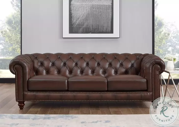 Waverly Caramel Leather 91" Sofa with Nailhead Trim