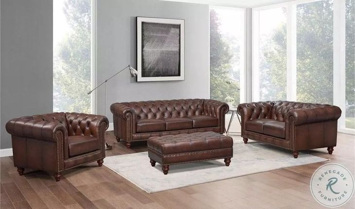 Waverly Caramel Leather Living Room Set with Nailhead Trim