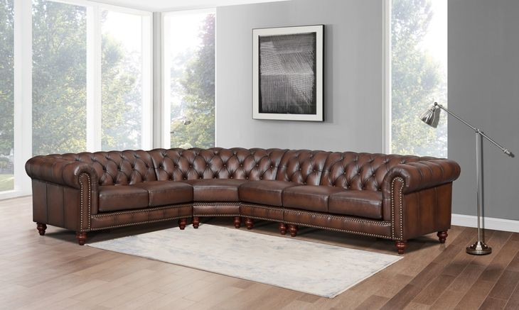 Waverly Caramel Leather 4 Piece Modular Sectional with Nailhead trim
