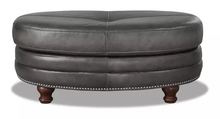 Bexley Ash Leather Upholstered Oval Ottoman with Nailhead Trim
