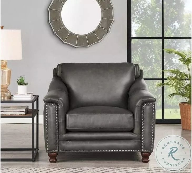 Bexley Ash Leather Upholstered Accent Chair with Nailhead Trim