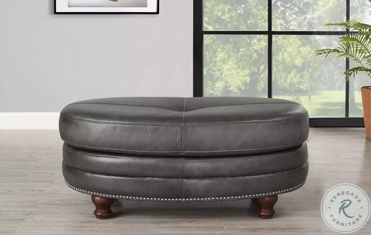 Bexley Ash Leather Upholstered Oval Ottoman with Nailhead Trim