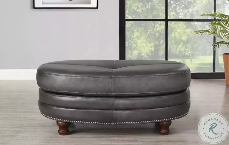Bexley Ash Leather Upholstered Oval Ottoman with Nailhead Trim