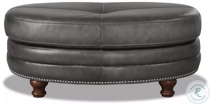 Bexley Ash Leather Upholstered Oval Ottoman with Nailhead Trim