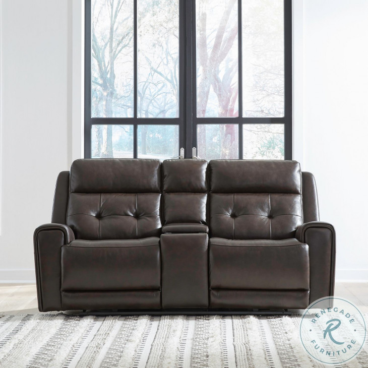 Carrington Dark Brown Leather Power Reclining Console Loveseat From