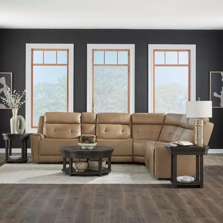 Worthington York Sand Leather 6 Piece Modular Power Reclining Sectional with USB Charging