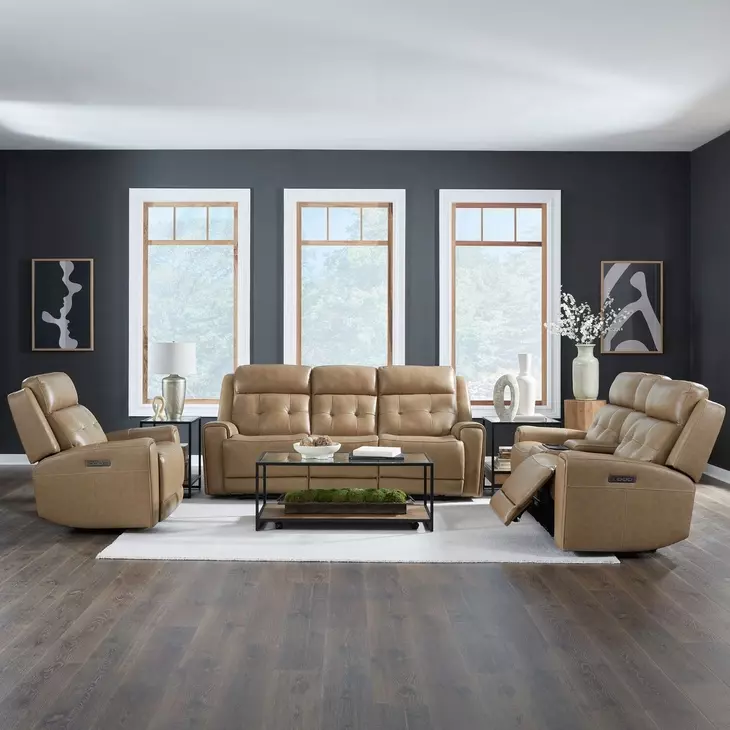Worthington York Sand Leather 87" Zero Gravity Power Reclining Living Room Set with USB Charging