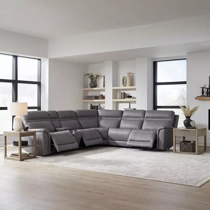 Cooper Blue Gray Leather 6 Piece Modular Power Reclining Sectional with USB Charging