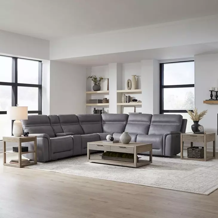 Cooper Blue Gray Leather 6 Piece Modular Power Reclining Sectional with USB Charging
