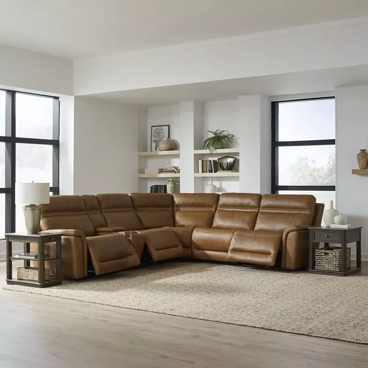 Cooper Camel Leather 6 Piece Modular Zero Gravity Triple Power Reclining Sectional with Console and USB Charging