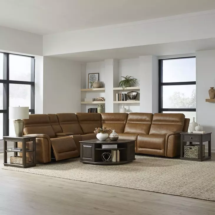 Cooper Camel Leather 6 Piece Modular Zero Gravity Triple Power Reclining Sectional with Console and USB Charging