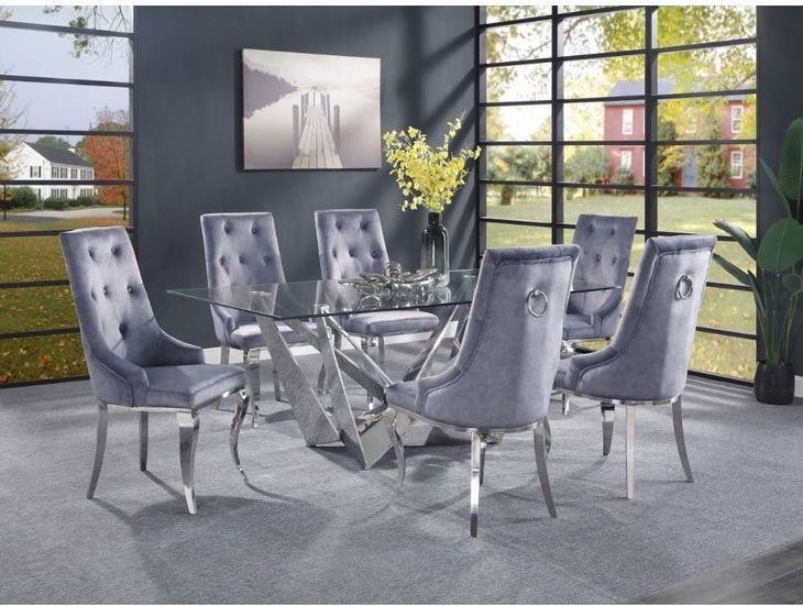 Dekel Stainless Steel 79" Rectangular Glass Top Dining Table