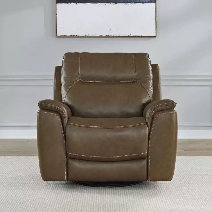 Collins York Chestnut Leather Triple Power Swivel Glider Recliner with USB Charging