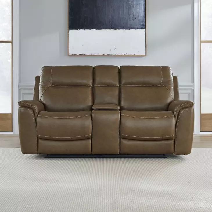 Collins York Chestnut Leather 80" Zero Gravity Triple Power Reclining Loveseat with Console and USB Charging