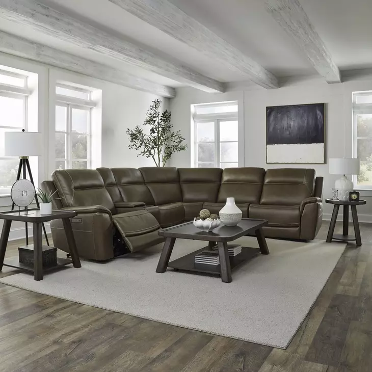 Collins York Chestnut Leather Modular Zero Gravity Triple Power Reclining Sectional with Console and USB Charging