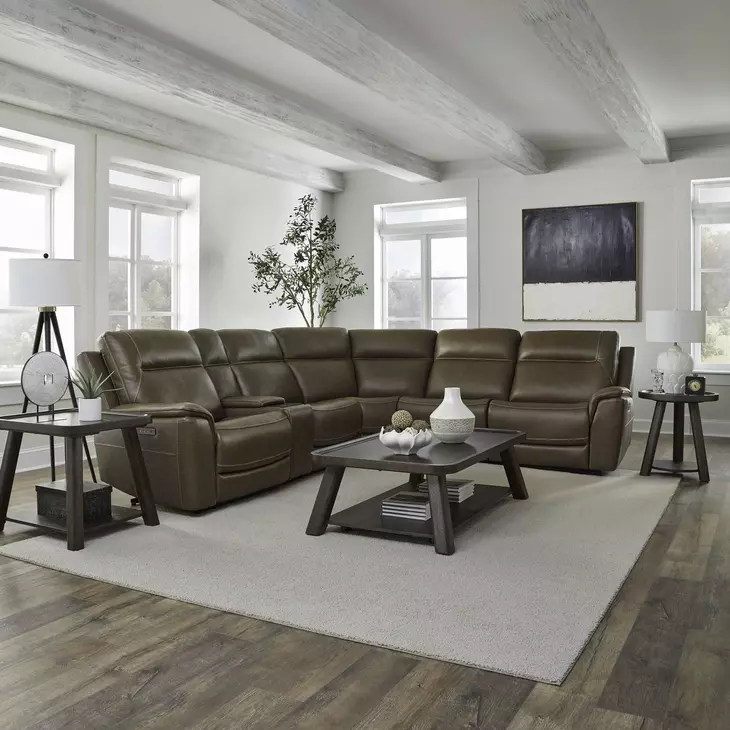 Collins York Chestnut Leather Modular Zero Gravity Triple Power Reclining Sectional with Console and USB Charging