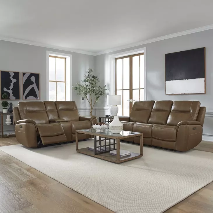 Collins York Chestnut Leather Zero Gravity Triple Power Reclining Living Room Set