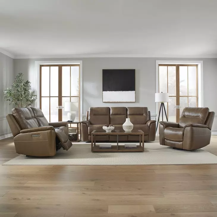 Collins York Chestnut Leather Zero Gravity Triple Power Reclining Living Room Set