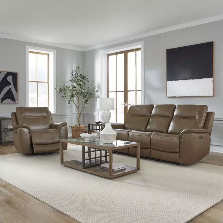 Collins York Chestnut Leather Triple Power Swivel Glider Recliner with USB Charging