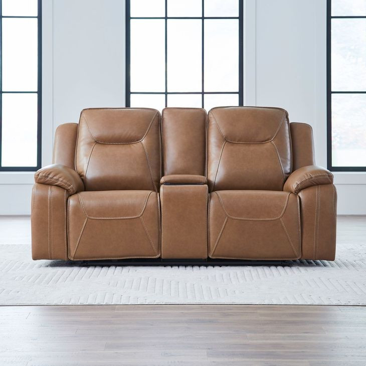 Callihan York Butternut Leather 81" Power Reclining Loveseat with Console and USB Charging