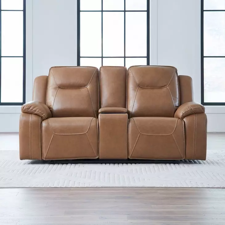 Callihan York Butternut Leather 81" Power Reclining Loveseat with Console and USB Charging