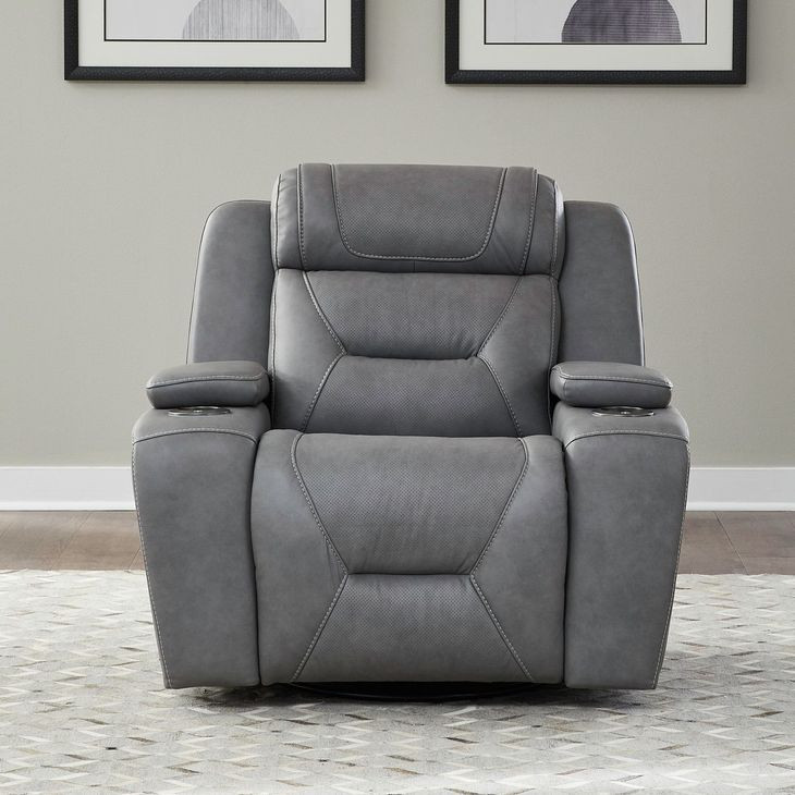 Langford Aline Blue Gray Leather Glider Power Recliner with USB Charging and LED