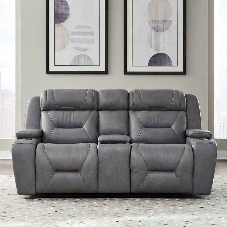 Langford Aline Blue Gray Leather 80" Zero Gravity Loveseat with Console and USB Charging