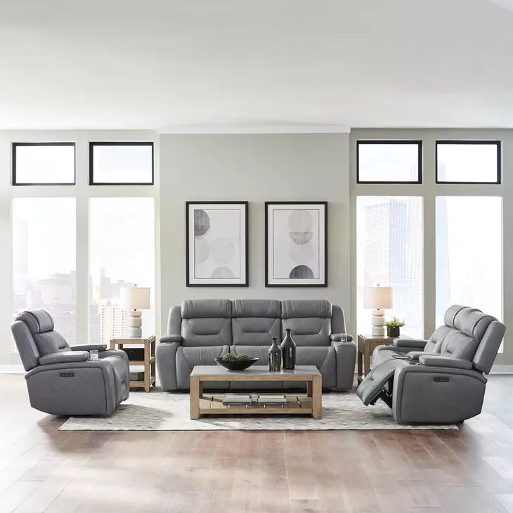 Langford Aline Blue Gray Leather 91" Zero Gravity Power Reclining Living Room Set with USB Charging and LED