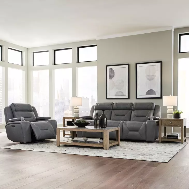 Langford Aline Blue Gray Leather Glider Power Recliner with USB Charging and LED