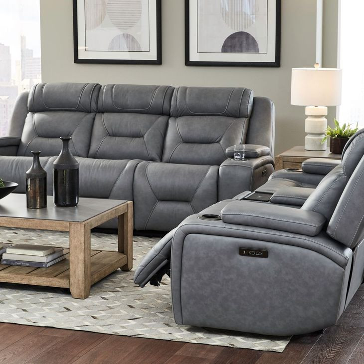 Langford Aline Blue Gray Leather 80" Zero Gravity Loveseat with Console and USB Charging