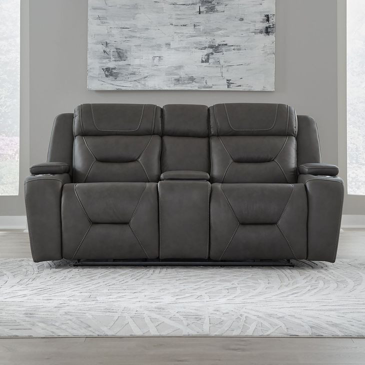 Langford Aline Coal Leather 80" Zero Gravity Loveseat with Console and USB Charging