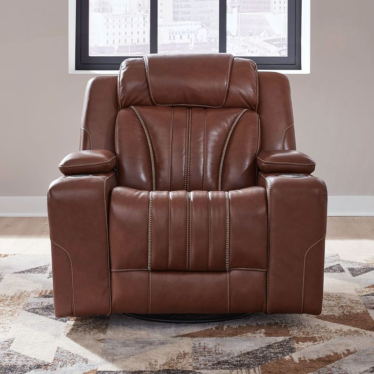 Caswell Nature Chestnut Leather Glider Power Recliner with USB Charging and LED