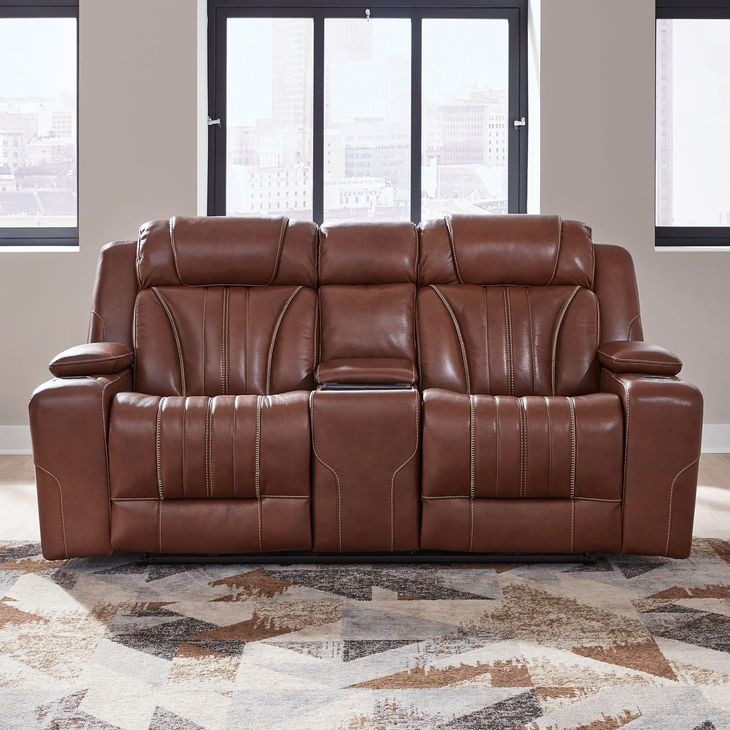 Caswell Nature Chestnut Leather 82" Zero Gravity Power Reclining Loveseat with Console and USB Charging