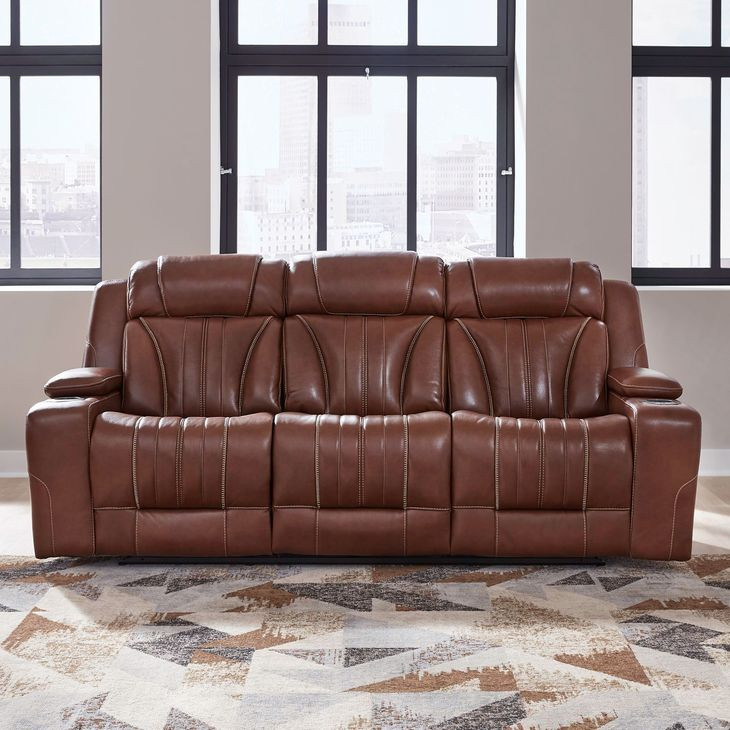 Caswell Nature Chestnut Leather 91" Zero Gravity Power Reclining Living Room Set with LED and USB Charging