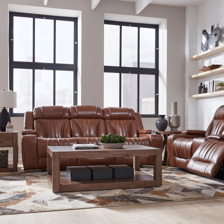 Caswell Nature Chestnut Leather 82" Zero Gravity Power Reclining Loveseat with Console and USB Charging