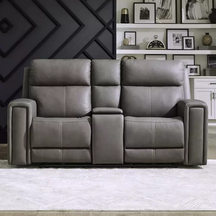 Camden Aline Light Gray Leather 78" Triple Power Zero Wall Reclining Loveseat with Console and USB Charging