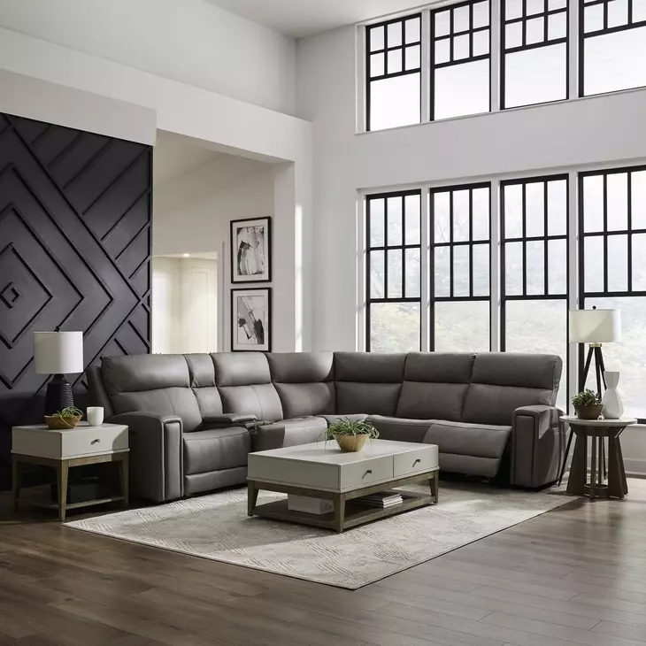 Camden Aline Light Gray Leather Modular Triple Power Zero Wall Reclining Sectional with Console and USB Charging