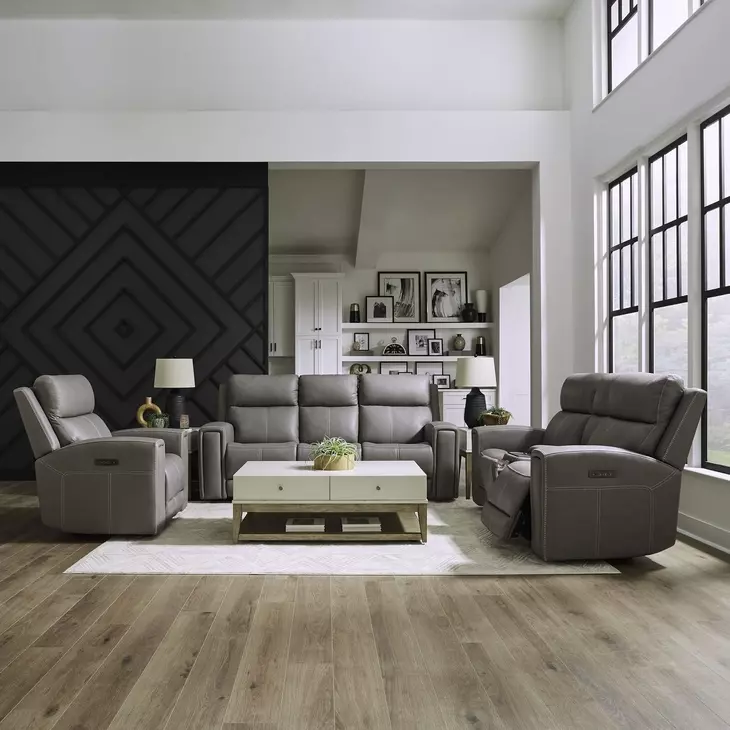 Camden Aline Light Gray Leather Triple Power Zero Wall Reclining Living Room Set with USB Charging