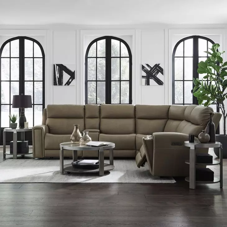 Camden Aline Toast Leather Modular Triple Power Zero Wall Reclining Sectional with Console and USB Charging