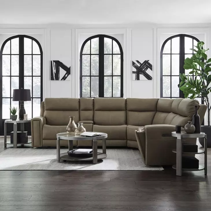 Camden Aline Toast Leather Modular Triple Power Zero Wall Reclining Sectional with Console and USB Charging