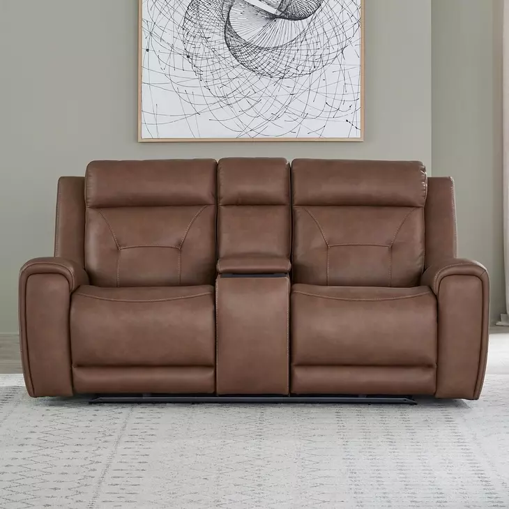 Kingswell Aline Saddle Leather Zero Gravity 79" Power Reclining Loveseat with Console and USB Charging