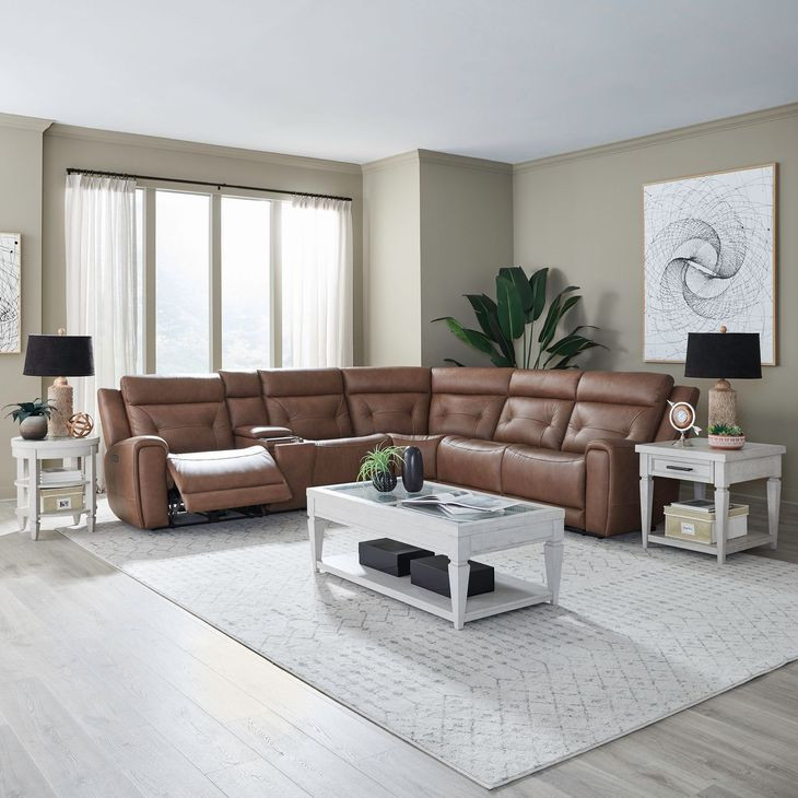 Beckham Aline Saddle Leather 6 Piece Modular Power Reclining Sectional with USB Charging