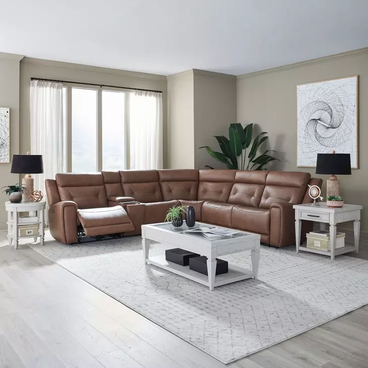 Kingswell Aline Saddle Leather 6 Piece Modular Power Reclining Sectional with USB Charging
