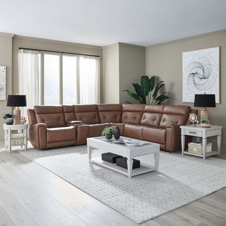 Beckham Aline Saddle Leather 6 Piece Modular Power Reclining Sectional with USB Charging
