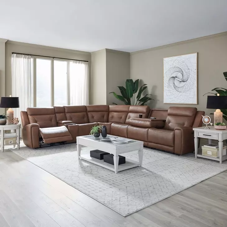Kingswell Aline Saddle Leather 7 Piece Modular Power Reclining Sectional with USB Charging