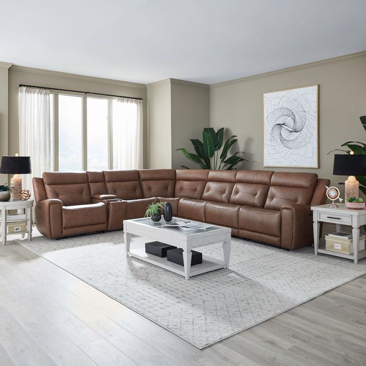 Beckham Aline Saddle Leather 7 Piece Modular Power Reclining Sectional with USB Charging