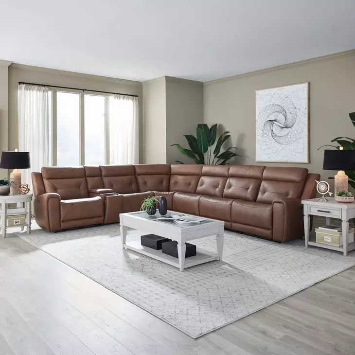 Kingswell Aline Saddle Leather 7 Piece Modular Power Reclining Sectional with USB Charging