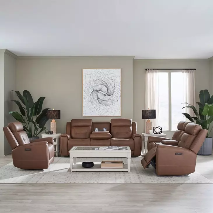 Kingswell Aline Saddle Leather 91" Zero Gravity Power Reclining Living Room Set with USB Charging