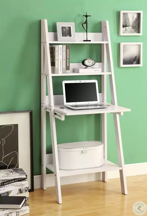 7040 White 61" Ladder Bookcase With Drop-Down Desk