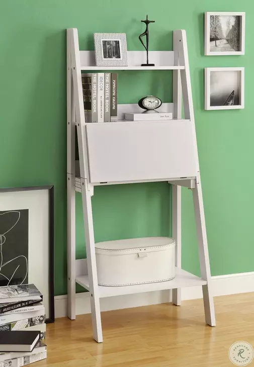 7040 White 61" Ladder Bookcase With Drop-Down Desk